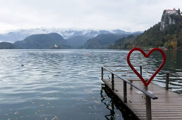 Lake Bled Slovenia Installation Shape Red Heart Bled Castle Locks — Stock Photo, Image