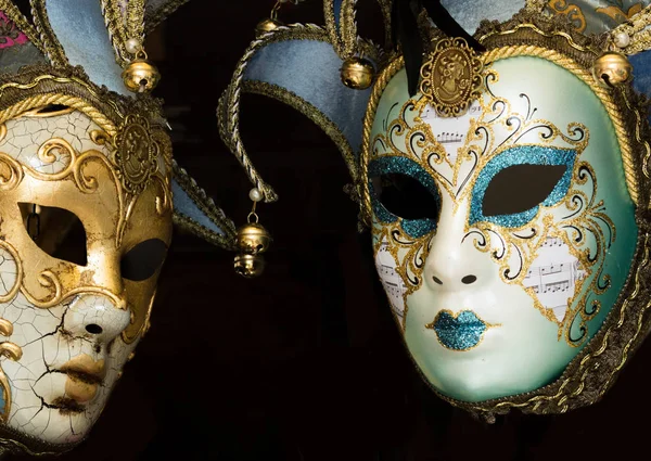 Masques Vénitiens Carnaval Sur Fond Noir — Photo