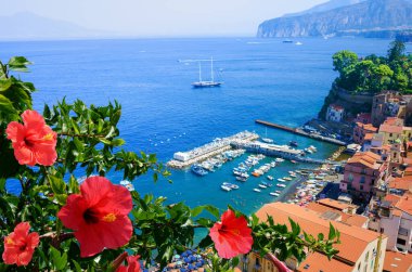 Kırmızı çiçekler. Sorrento Limanı, Amalfi Sahili, İtalya 'nın en iyi manzarası.