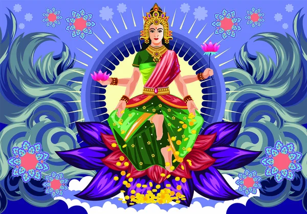 Ilustrace Bohyně Lakshmi Textem Navaratri Devět Nocí Deset Dní Hinduistický — Stockový vektor
