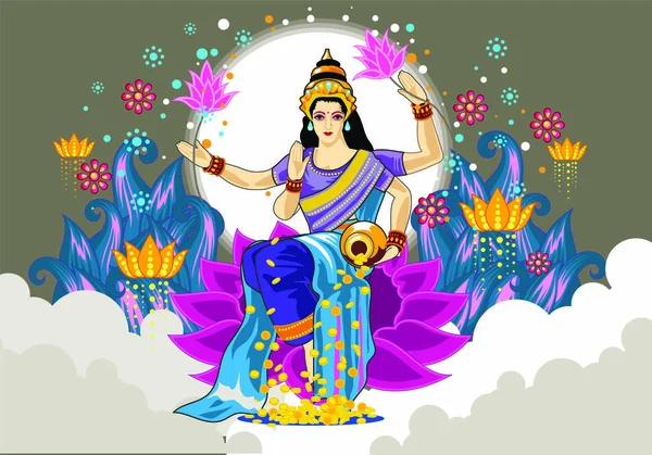 テキストと女神のラクシュミのイラスト ナバラトリ Navaratri 毎年秋に行われる9泊10日のヒンズー教の祭りです — ストックベクタ