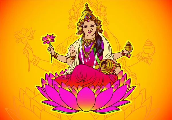 Vector Van Godin Lakshmi Met Gele Achtergrond Lotus Hand Navaratri — Stockvector