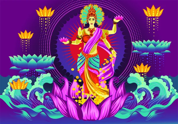 Tanrıça Lakshmi Nin Metinli Tasviri Navaratri Her Yıl Sonbaharda Kutlanan — Stok Vektör