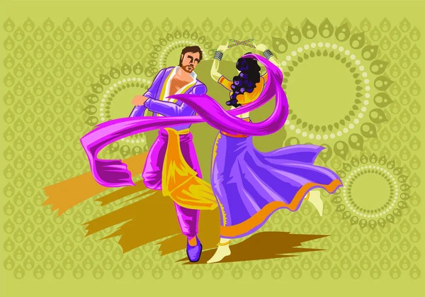 Иллюстрация Вечернего Плаката Гарбхи Танцующие Женщины Дандией Руках — стоковый вектор