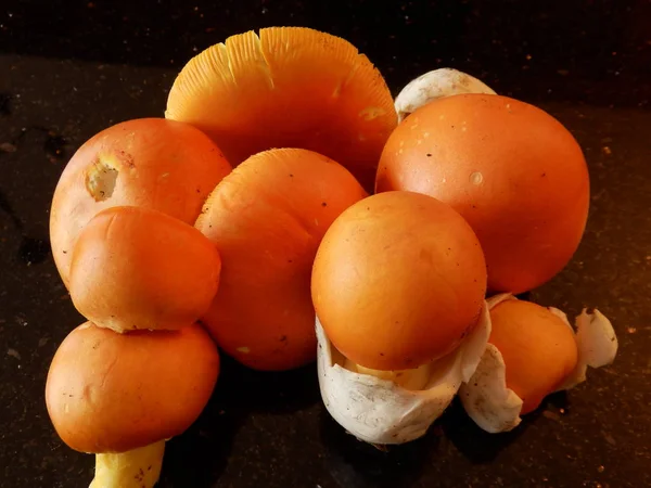 Close Cogumelos Amanita Caesarea Cogumelo Césares Uma Bancada Granito Preto — Fotografia de Stock