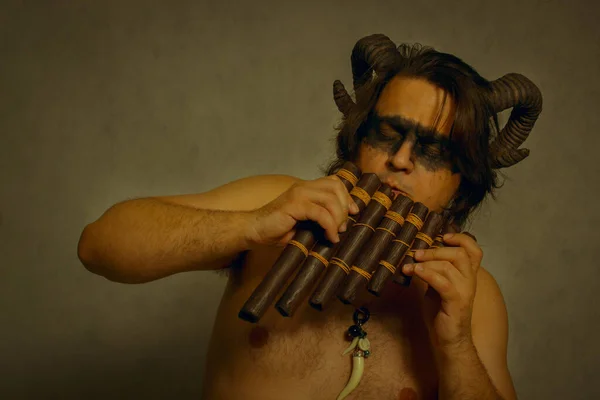 Horned Faun Posing Wooden Panflute — Stock Photo, Image