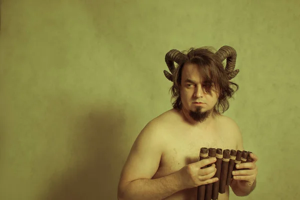 Horned Faun Posing Wooden Panflute — Stock Photo, Image