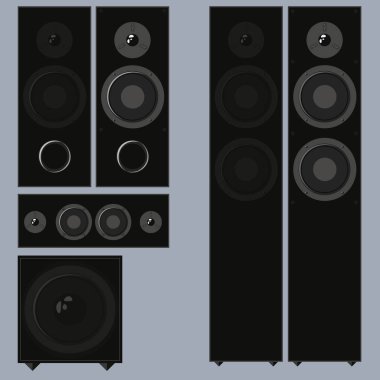 Düz bir tarzda bir subwoofer ile akustik hoparlörleri