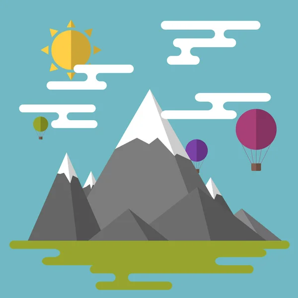 Landschaft Mit Luftballons Bergen Und Wolken Flachen Stil — Stockvektor