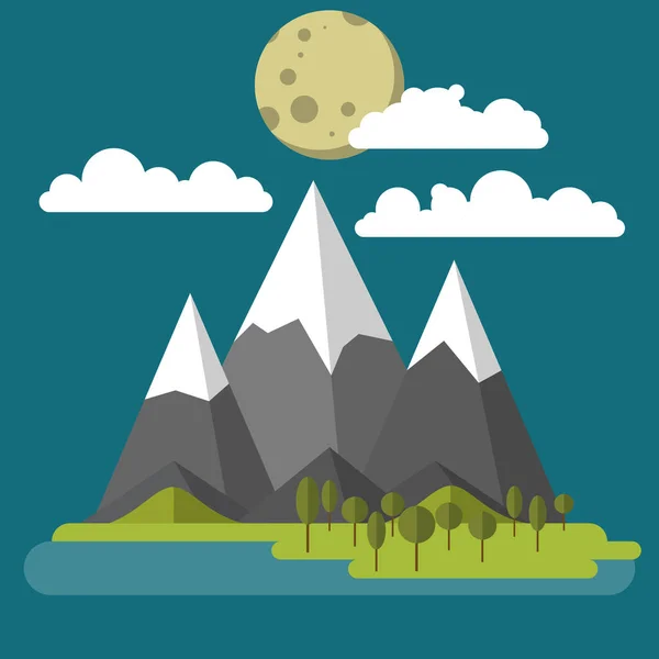 平らな山の風景と 空には月 — ストックベクタ