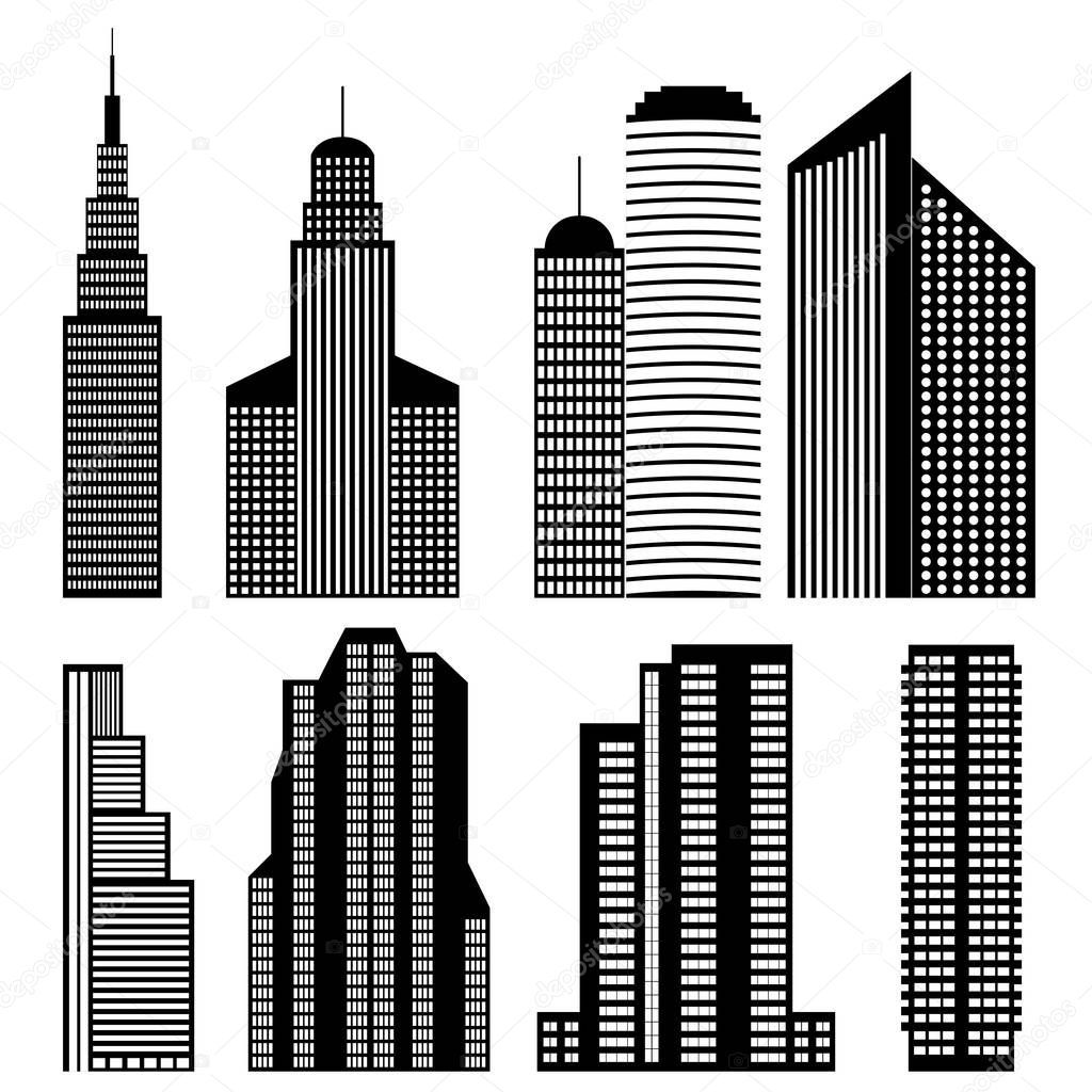 A set of skyscrapers painted in a flat style with windows. Black and white