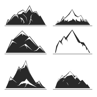 Dağlar kontur Illustration. Altı resim kümesi. Siyah-beyaz
