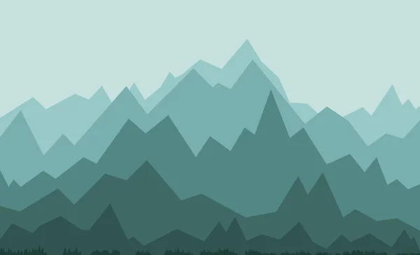 Paisaje Montaña Estilo Plano Tonos Azul Verde Hay Muchos Picos — Vector de stock