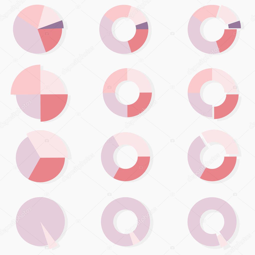 A set of 12 multi-colored round diagrams. Infographics.Gentle calm colors, pink, yellow, purple. Daigaram with shadow. Sectors of different sizes