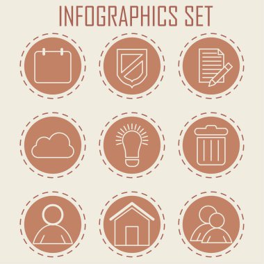 İş ve uygulama için Infographics kümesi. Noktalı anahatları ile yuvarlak simgeler. 9 öğeler. Fikir, çöp kutusu, Kullanıcı, Grup, koruma; bulut depolama. Hoş turuncu arka plan