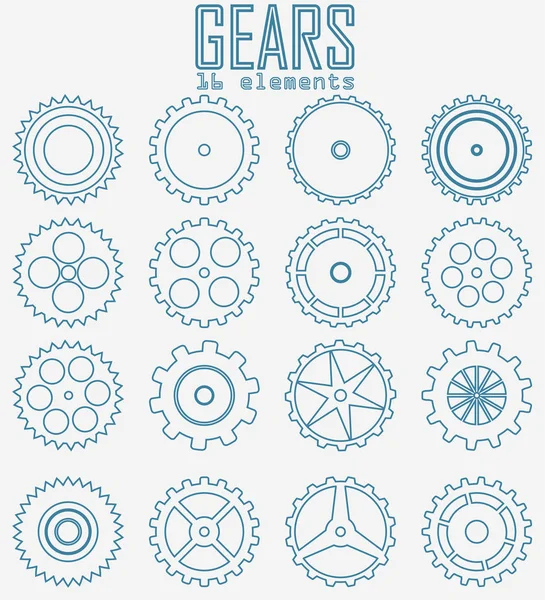 Large Set Gears Mechanics Contours Gears Blue Light Background Same — Stock Vector