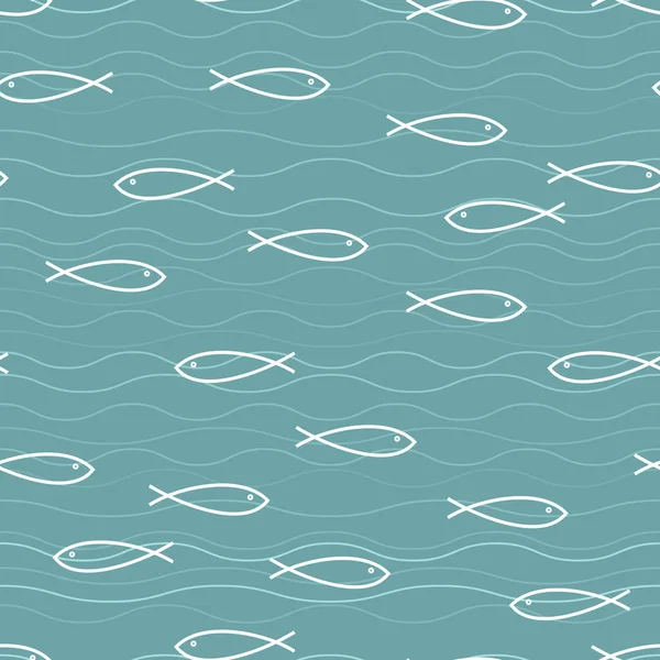 Nahtloser Hintergrund Primitive Fische Wasser Silhouetten Von Fischen Meer Wellen — Stockvektor