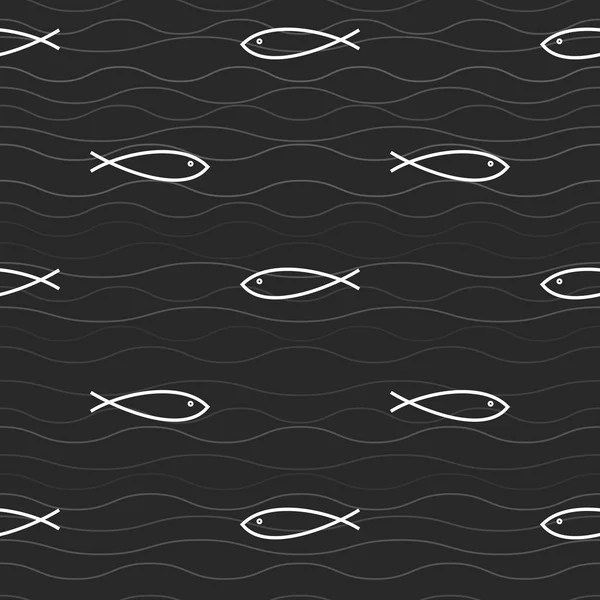 Weiße Fische Auf Schwarzem Hintergrund Wiederholung Nahtloser Muster Einfache Formen — Stockvektor