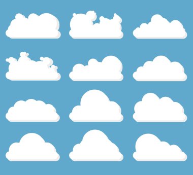 Bulutlar kümesi. Mavi bir arka plan beyaz. 12 bulutları hafif bir gölge ile. Düz stil