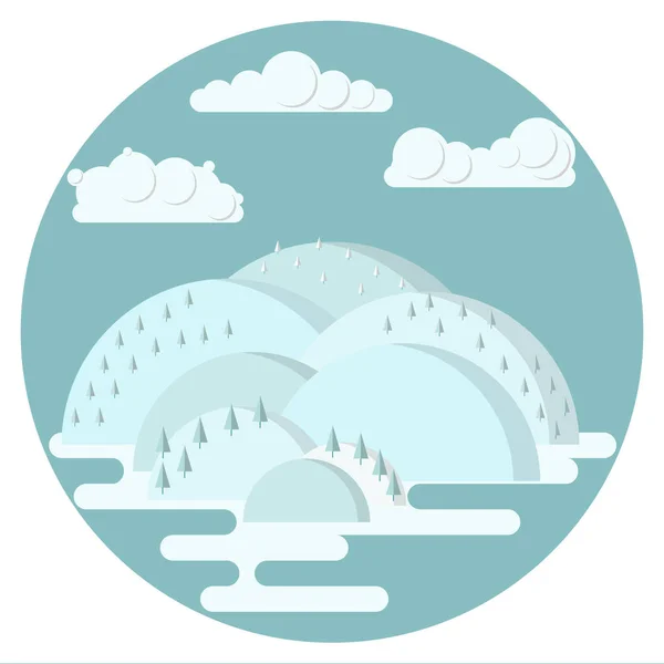 フラット スタイルの冬の丘陵風景 空には雲の丘の上の木 白と青 単純なシェイプと光の色 — ストックベクタ