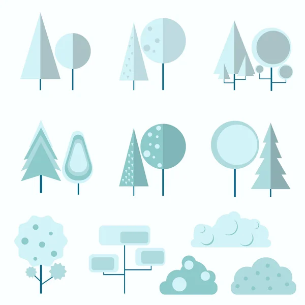 フラット スタイルの針葉樹と落葉性木そして薮の大規模なセット 冬バージョンです 青と白 三角形 複雑な形状 木が雪に覆われています — ストックベクタ