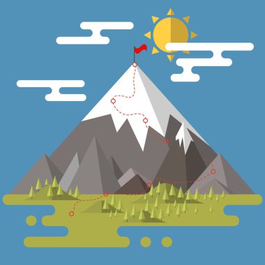 Mavi arka plan üzerinde düz dağ manzarası. En yüksek tepe üzerinde kırmızı bayrak. Zirve için rota. Bulutlar ve gökyüzü güneş. Ağaçlar Dağları nın eteğindeki küçük tepeler üzerinde.