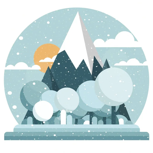 フラット スタイルの冬の風景 かわいい漫画山 空と太陽 手前の丸い王冠木 青と白の色の光 ラウンド フレーム 雪の結晶 — ストックベクタ