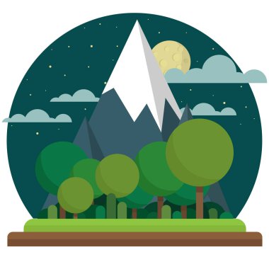 Düz stil. Manzara. Sevimli çizgi dağlar, gökyüzü ve güneş. Ağaçları ile ön planda yuvarlak kron. Beyaz bir çerçeve yuvarlak düz zemin.