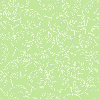 Sorunsuz yeşil çiçek desenli. Geniş palmiye yaprakları. Yaprakları kıvrımlarına. Açık yeşil beyaz. Sakin çiçek arka plan