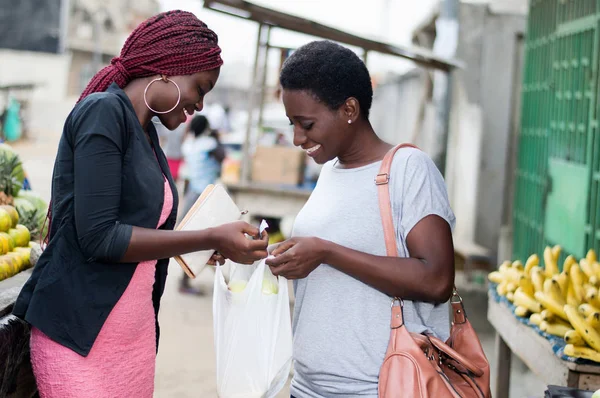 Young Happy Women Market Looking Bag Containing Fruit — Stock Photo, Image