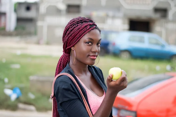 Young Beautiful Woman Holding Apple Standing Edge Road — Stock Photo, Image