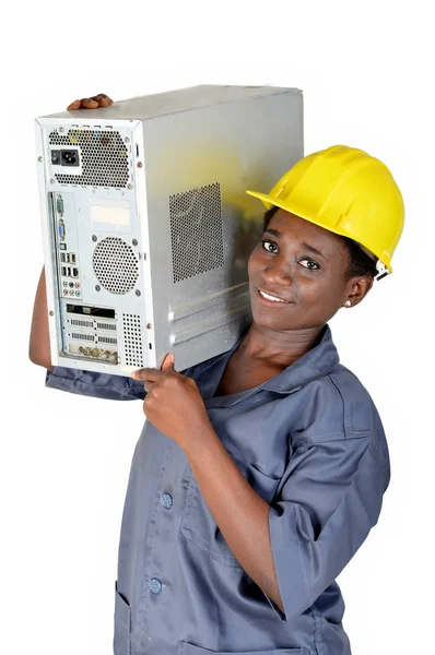 Young woman in computer maintenance loads a computer CPU on the shoulder