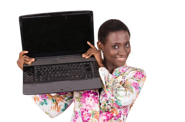 Young Happy Business Woman Showing Her Laptop Her Colleagues Isolated — Stock Photo, Image