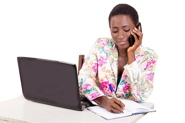 Young Happy Business Woman Working Laptop Calling Mobile Phone — Stock Photo, Image