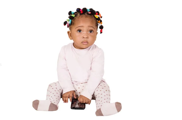 Bonito Bebê Sentado Brincando Com Telefone Celular Fundo Branco — Fotografia de Stock