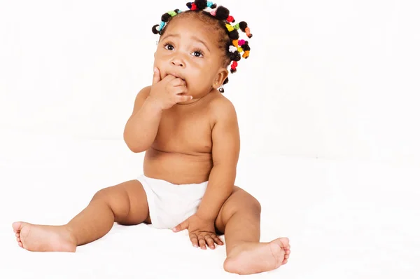 Pretty Baby Girl Sitting Wearing Diaper Hand Mouth Looking Camera — Stock Photo, Image