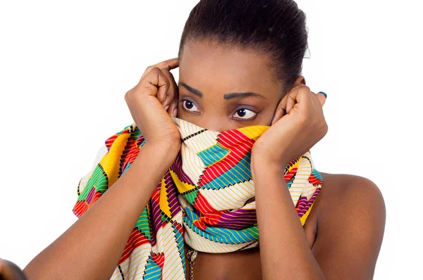 Fixed Look Young African Woman Wanting Camouflage Her Face — Stock Photo, Image