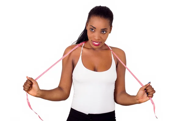 Perfect Shape Beautiful African Woman Tape Measure Neck — Stock Photo, Image