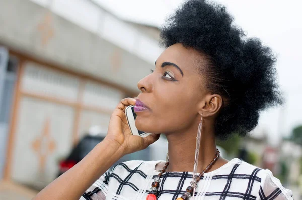 Close Young Woman Phone Listening Intently Conversation — Stock Photo, Image