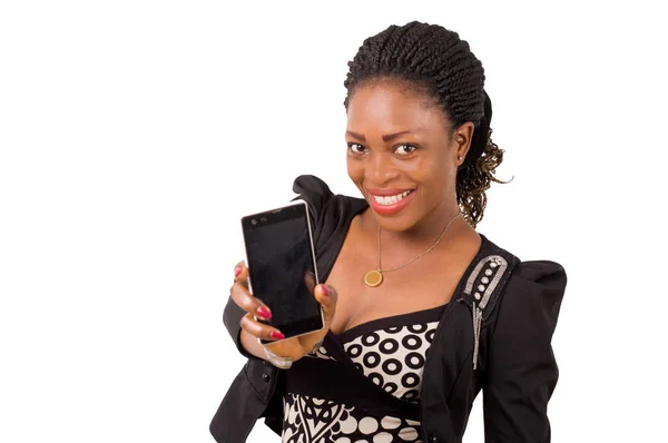 Smiling Young Woman Presents Her Cell Phone Someone — Stock Photo, Image