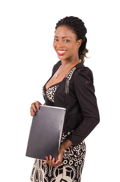 Young Business Woman Smiling Standing Holding Folder Black Isolated White — Stock Photo, Image