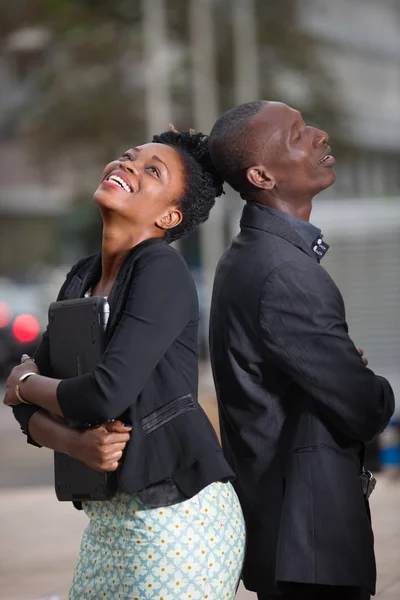 Businesswoman Businessman Happy Team Standing Together Outdoors Giving Themselves Back — Stock Photo, Image