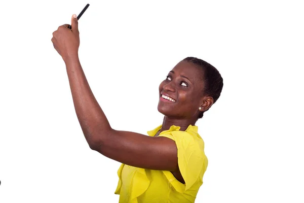 Retrato de niña con teléfono móvil, sonriendo . —  Fotos de Stock