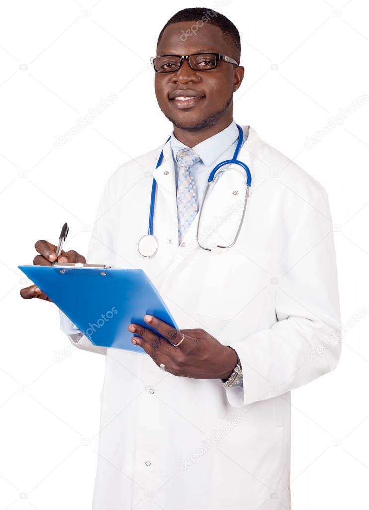 Man in white coat, doctor or scientist writing notes on paper.