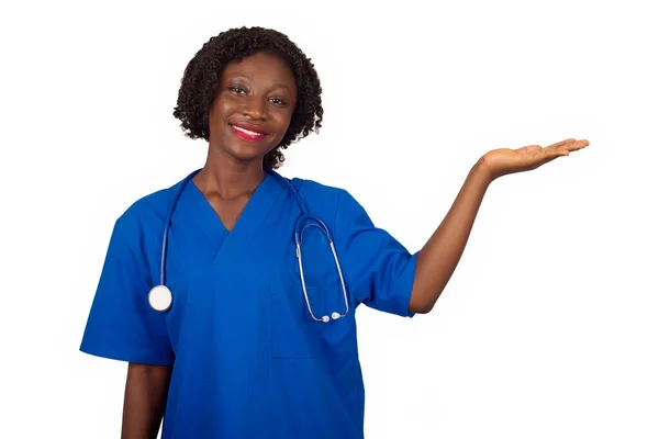 Young Nurse Standing Blue Stethoscope Blouse Neck Showing Her Palm — Stock Photo, Image
