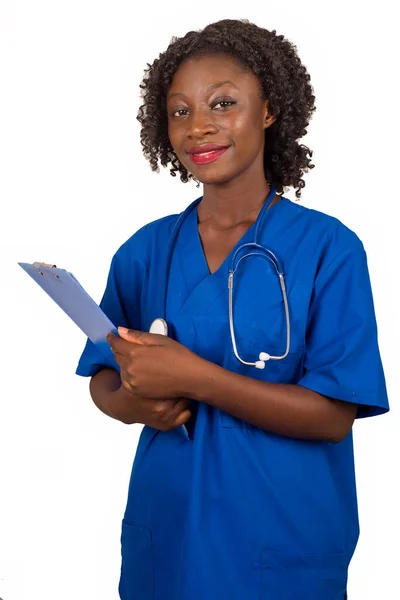 Médecin Infirmier Femme Uniforme Avec Stéthoscope Debout Tenant Presse Papiers — Photo