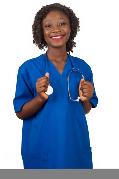Ritratto Studentessa Dottoressa Camicetta Blu Sfondo Bianco Con Uno Stetoscopio — Foto Stock