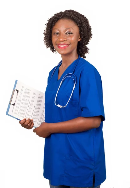 Infermiera Medico Donna Uniforme Con Stetoscopio Piedi Con Una Cartellina — Foto Stock