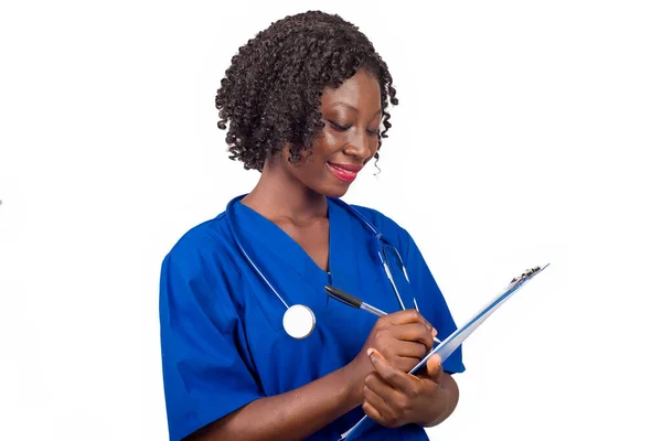 Infirmière Femme Médecin Souriant Blouse Bleue Debout Tient Écrit Sur — Photo