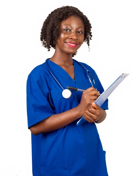 Infirmière Femme Médecin Souriant Blouse Bleue Debout Tient Écrit Sur — Photo